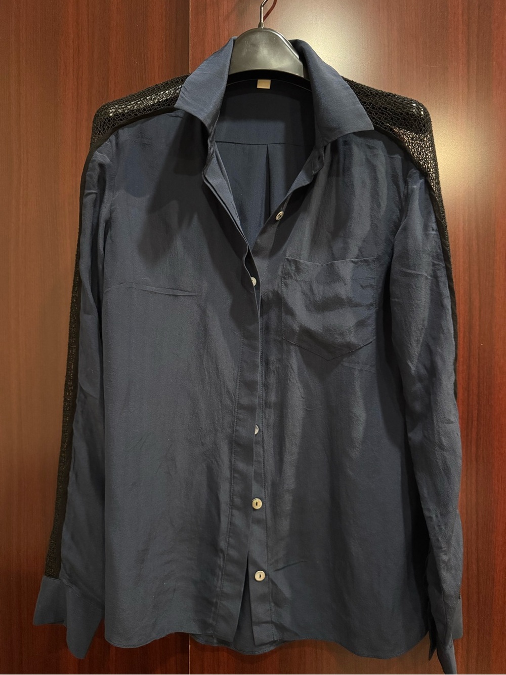 Women's Navy Button-Down Shirt with Chest Pocket